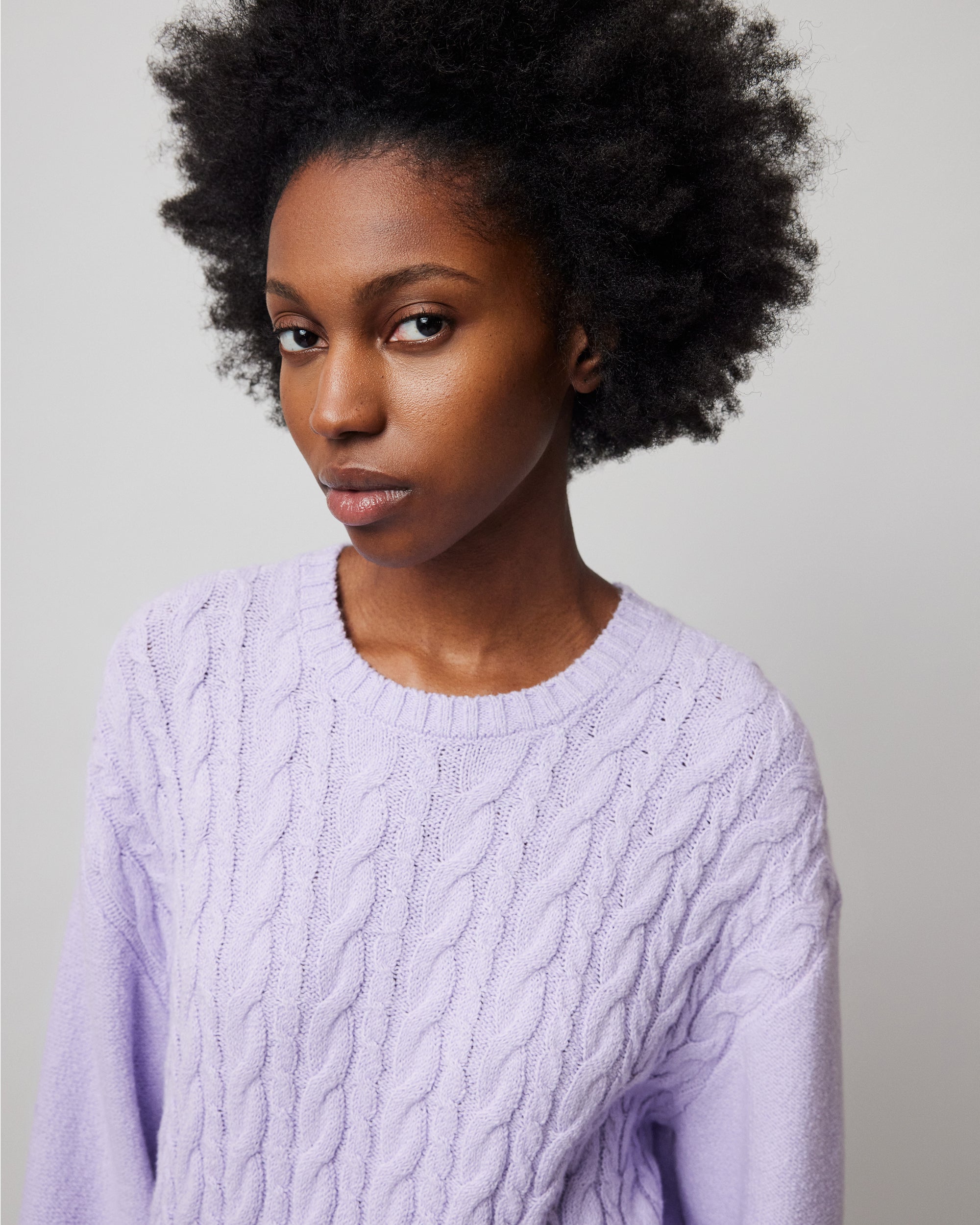 Pale-Orchid Cotton Blend Cable Crew Neck Sweater | Women's Top by ATM Anthony Thomas Melillo