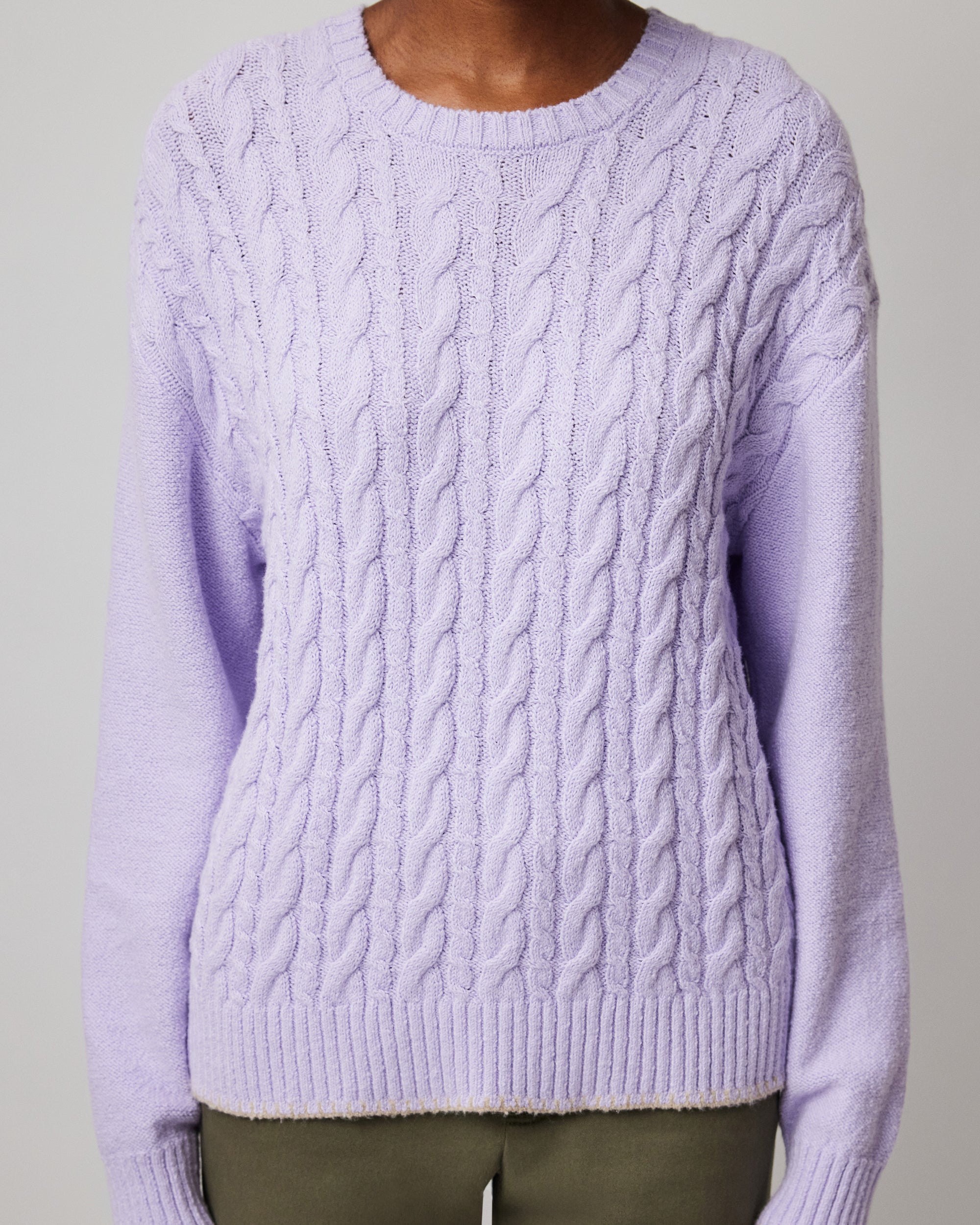 Pale-Orchid Cotton Blend Cable Crew Neck Sweater | Women's Top by ATM Anthony Thomas Melillo