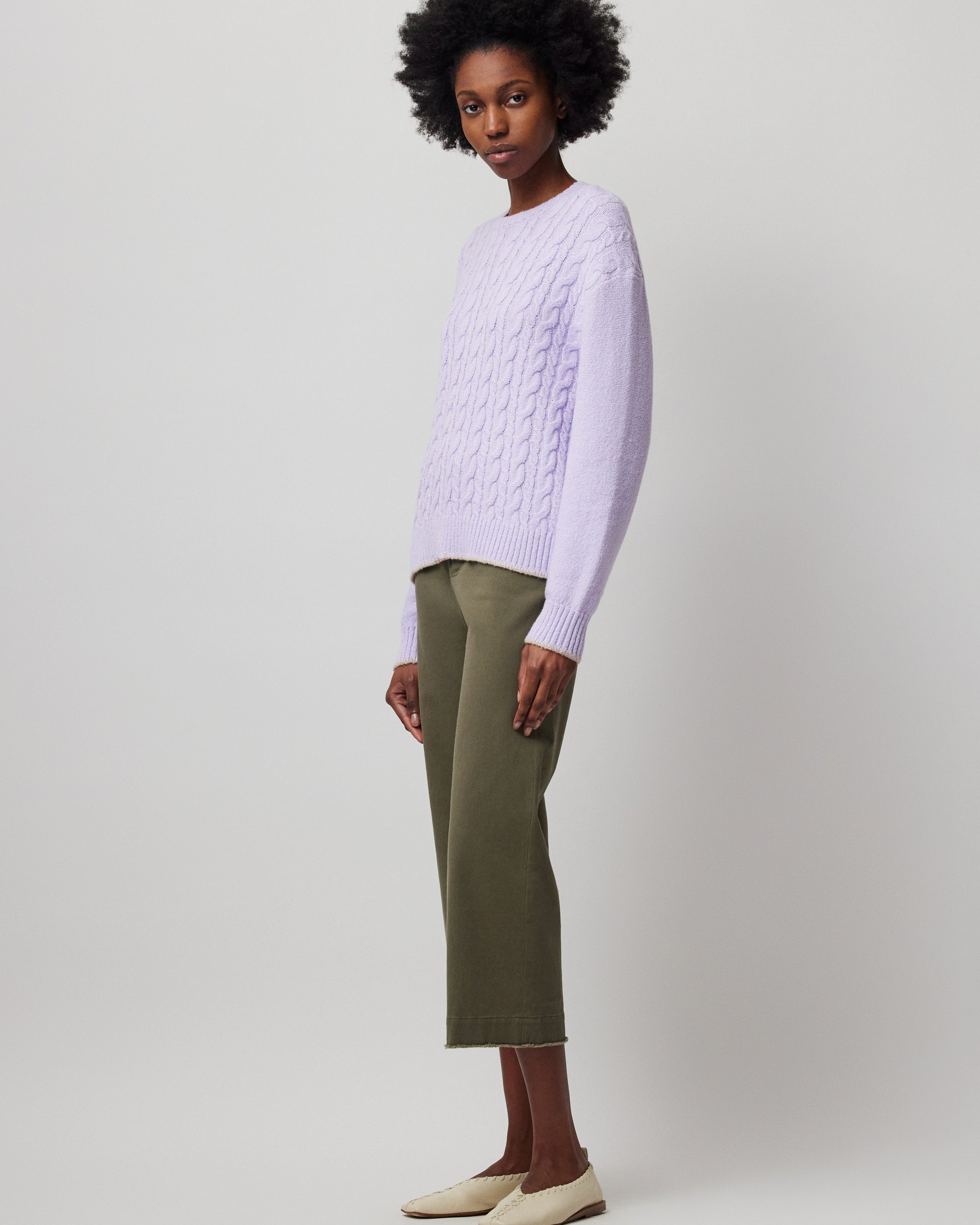 Pale-Orchid Cotton Blend Cable Crew Neck Sweater | Women's Top by ATM Anthony Thomas Melillo