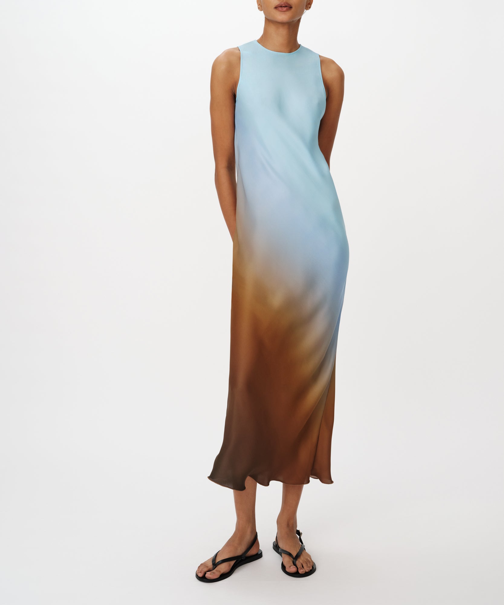 Pastel Blue Combo Satin Ombre Print Sleeveless Bias Dress |  Women's Dress by ATM Anthony Thomas Melillo