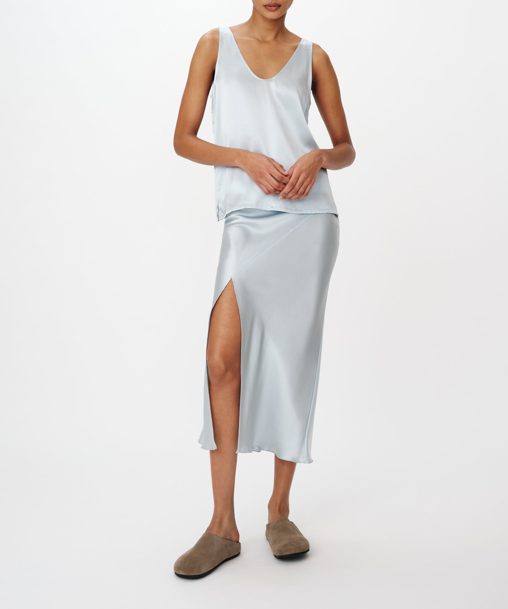 Pastel Blue Satin Slit Detail Bias Skirt |  Women's Skirts by ATM Anthony Thomas Melillo