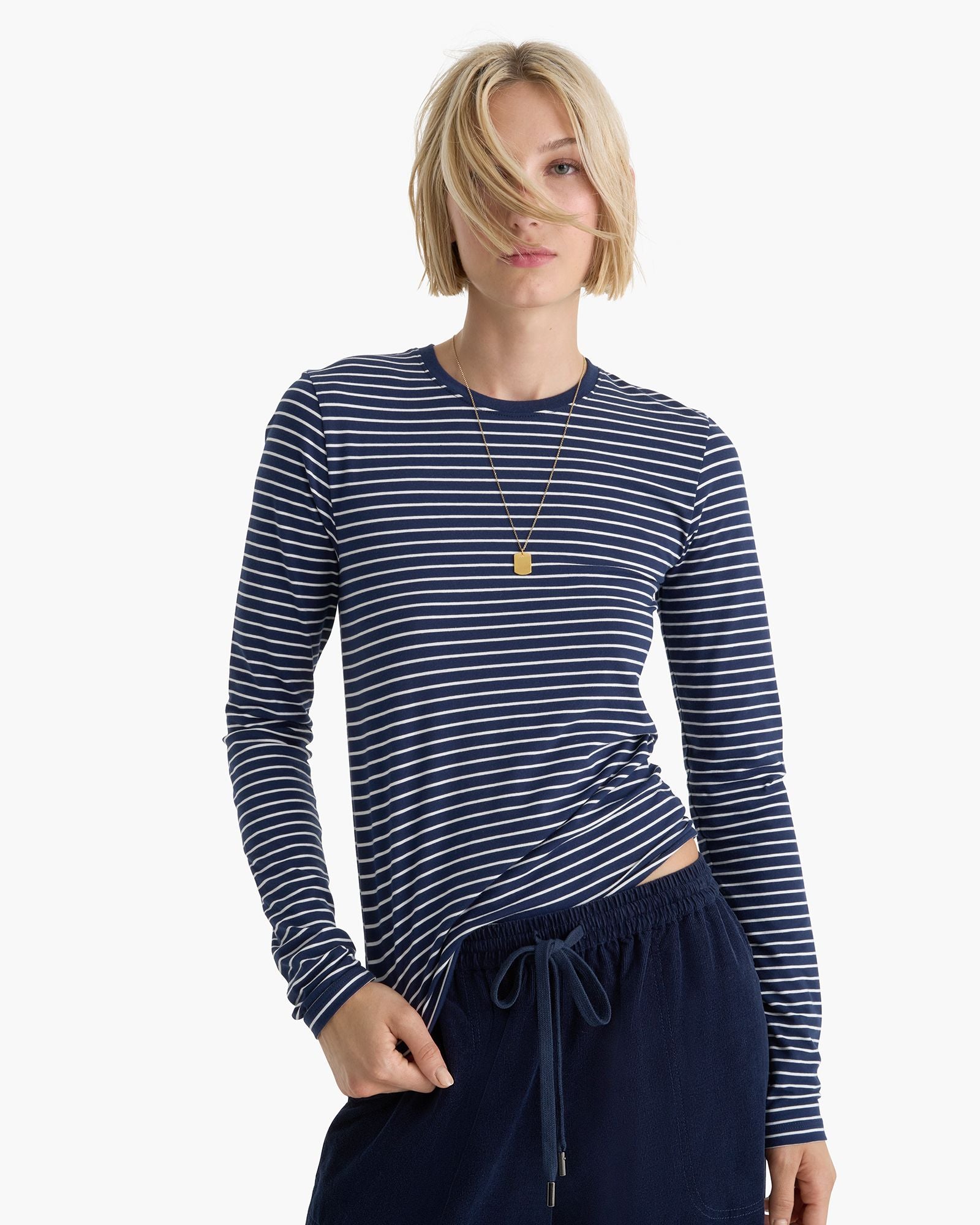 Pima Cotton Spandex Long Sleeve Baby Tee - Midnight-White
