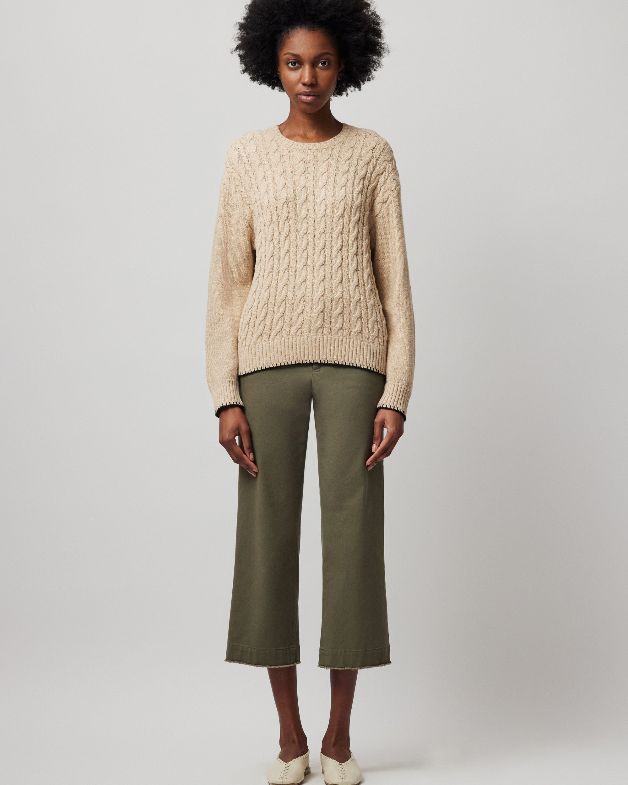 Shiitake Cotton Blend Cable Crew Neck Sweater | Women's Top by ATM Anthony Thomas Melillo