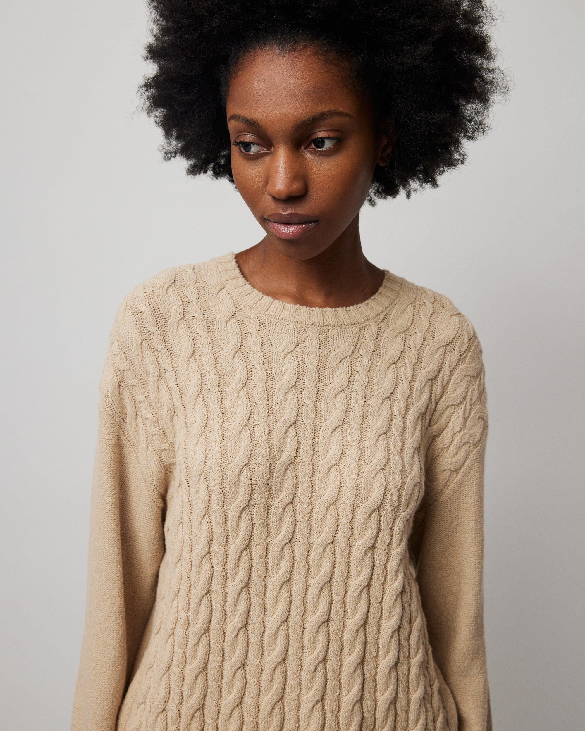 Shiitake Cotton Blend Cable Crew Neck Sweater | Women's Top by ATM Anthony Thomas Melillo
