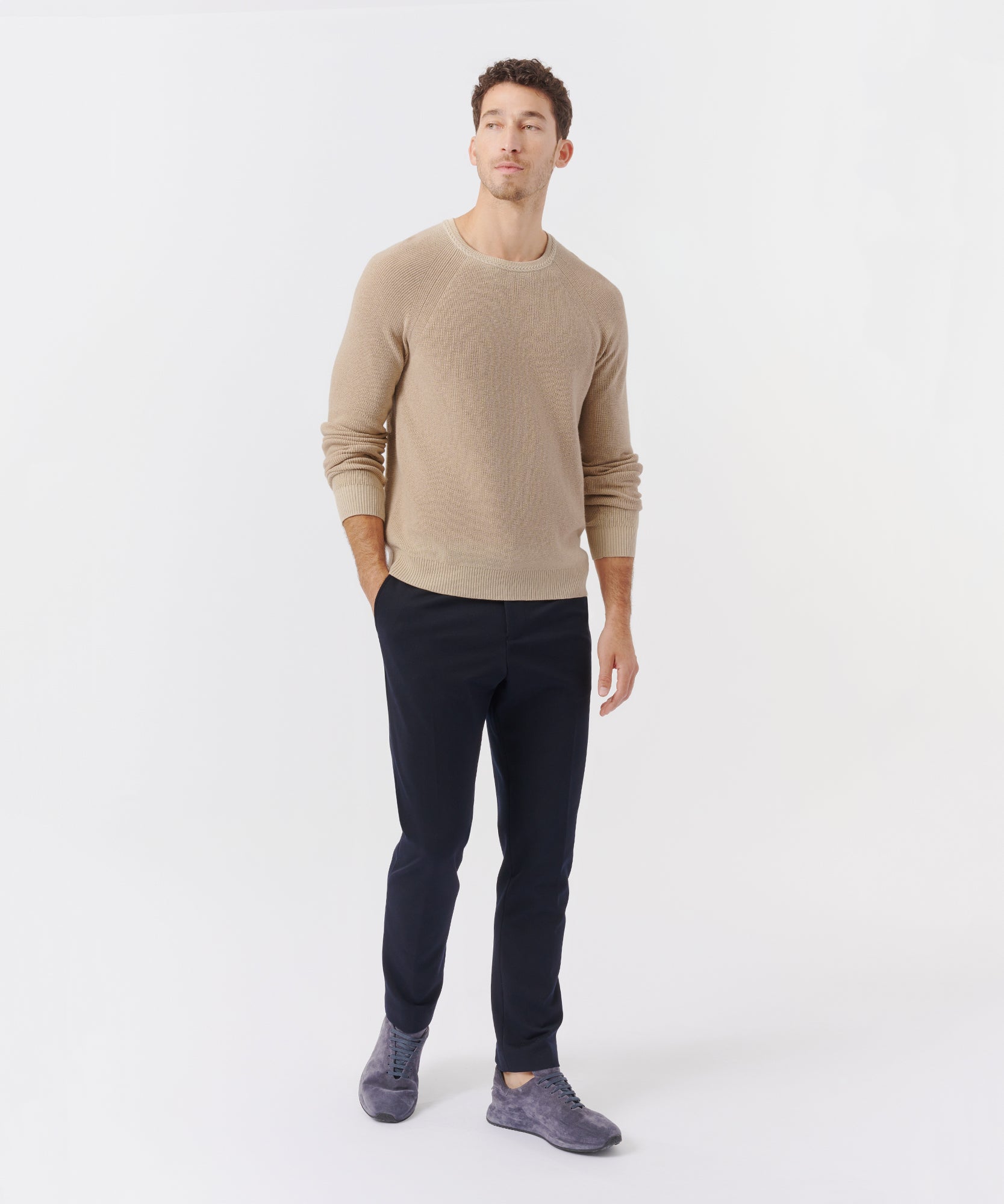 Cotton Cashmere Long Sleeve Raglan Crew Neck Tee - Soft Fawn