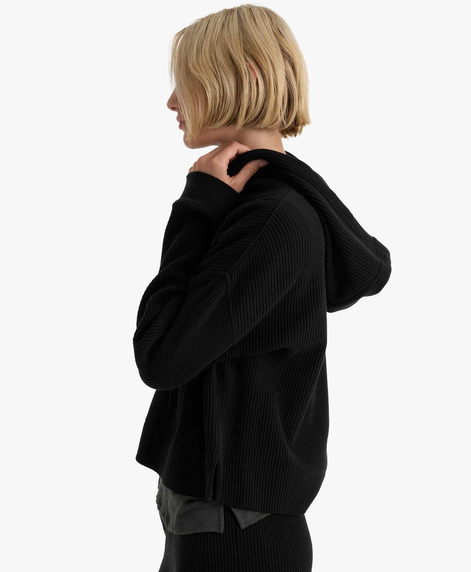 Cotton Waffle Pullover Hoodie - Black
