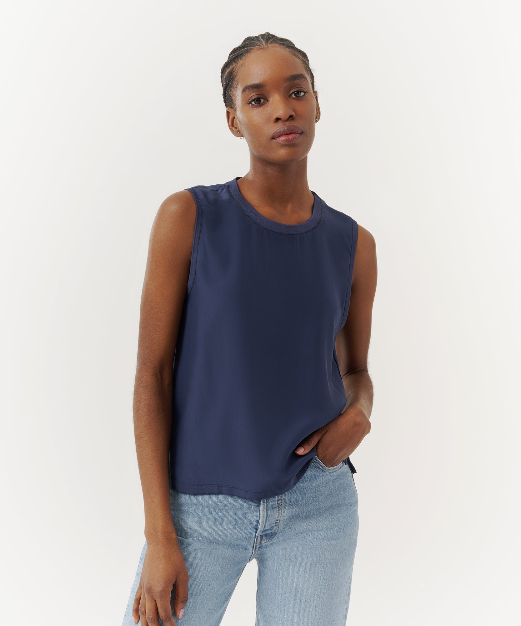 Silk Charmeuse Muscle Tee - True Navy