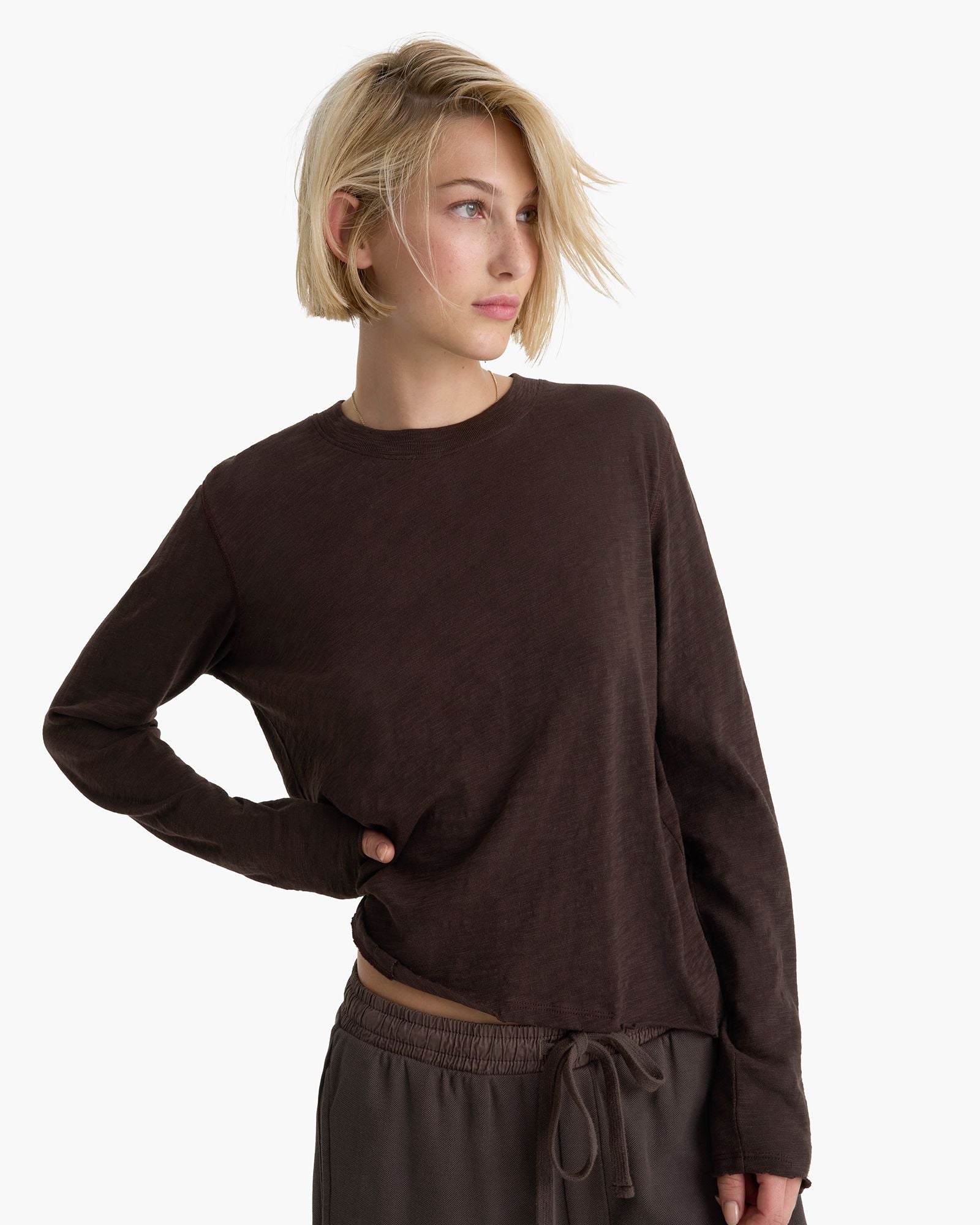 Slub Jersey Long Sleeve Destroyed Wash Tee -  Dark Chocolate