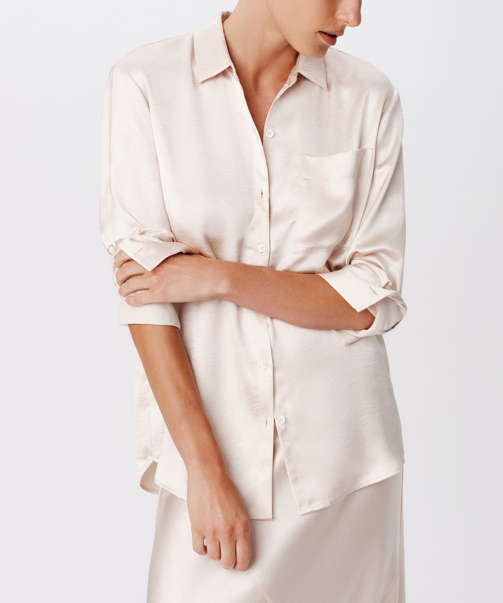 Cracked Satin Boyfriend Shirt |  Women's Top by ATM Anthony Thomas Melillo