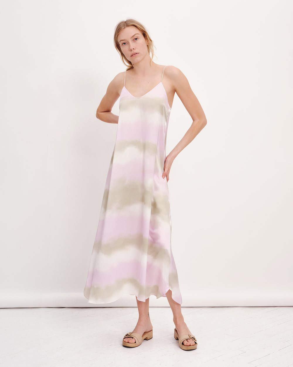 Silk Charmeuse with Watercolor Stripe Sleeveless Dress |  Women's Dress by ATM Anthony Thomas Melillo