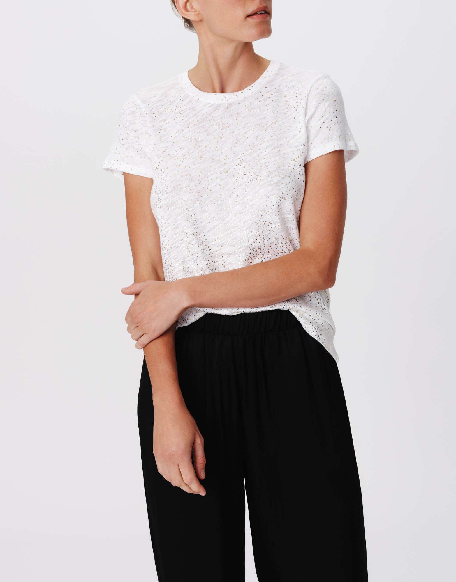 White-Gold Slub Jersey with Foil Schoolboy Short Sleeve Crew Neck Tee |  Women's Cotton Short Sleeve Tee by ATM Anthony Thomas Melillo