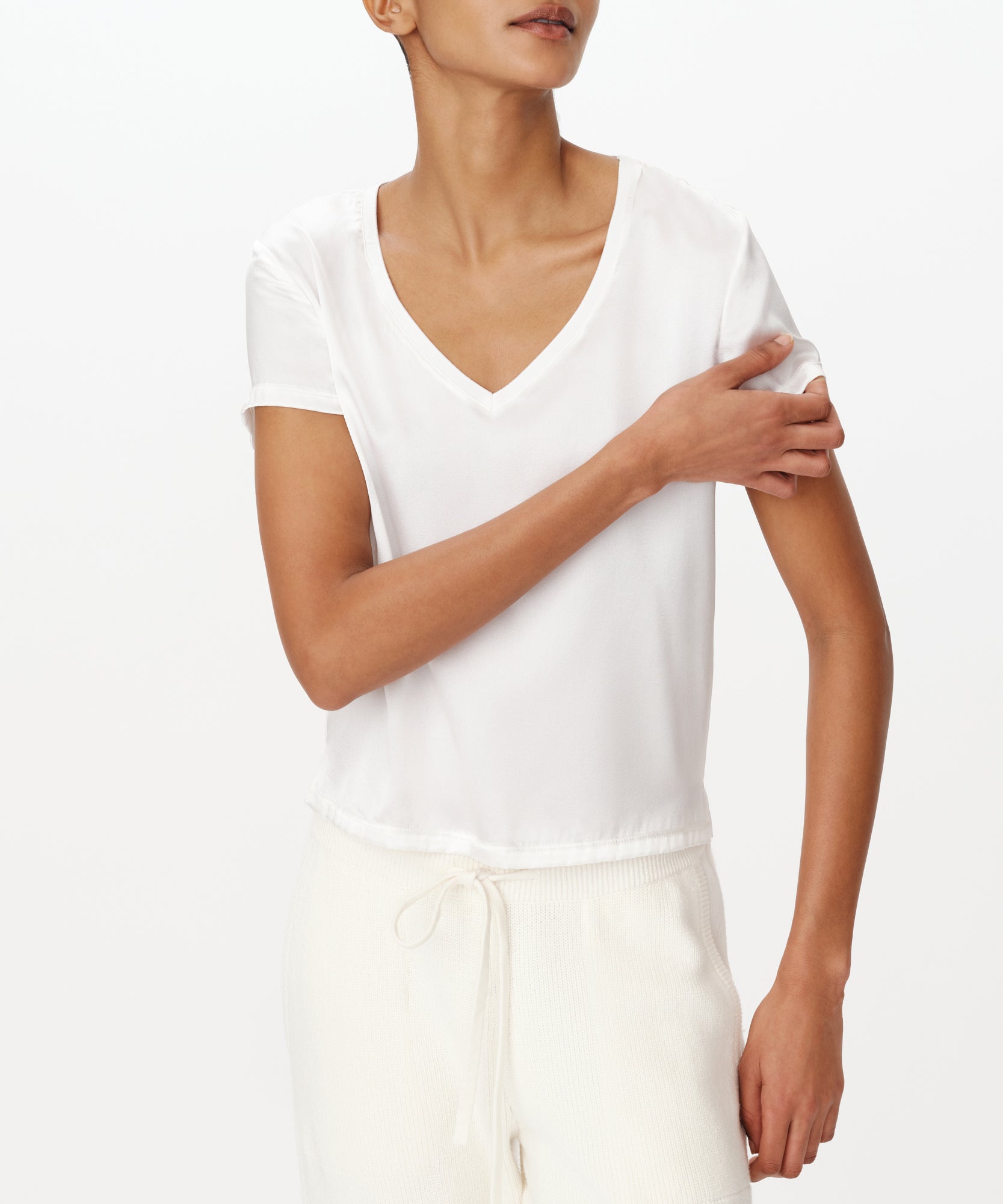 White Stretch Charmeuse V-Neck Tee |  Women's Top by ATM Anthony Thomas Melillo