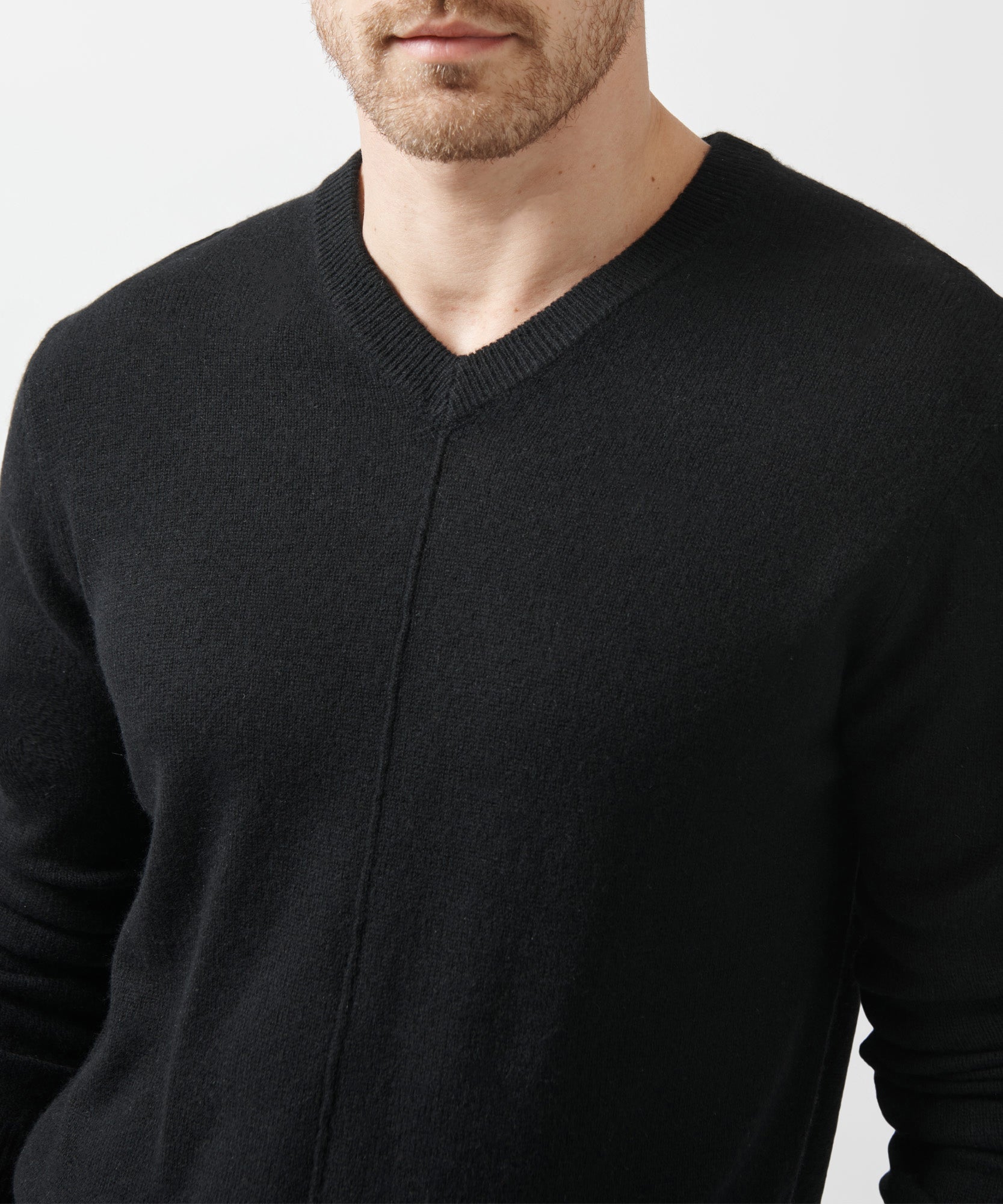 Black Recycled Cashmere Exposed Seam V-Neck Sweater | Men's Sweater by ATM Anthony Thomas Melillo