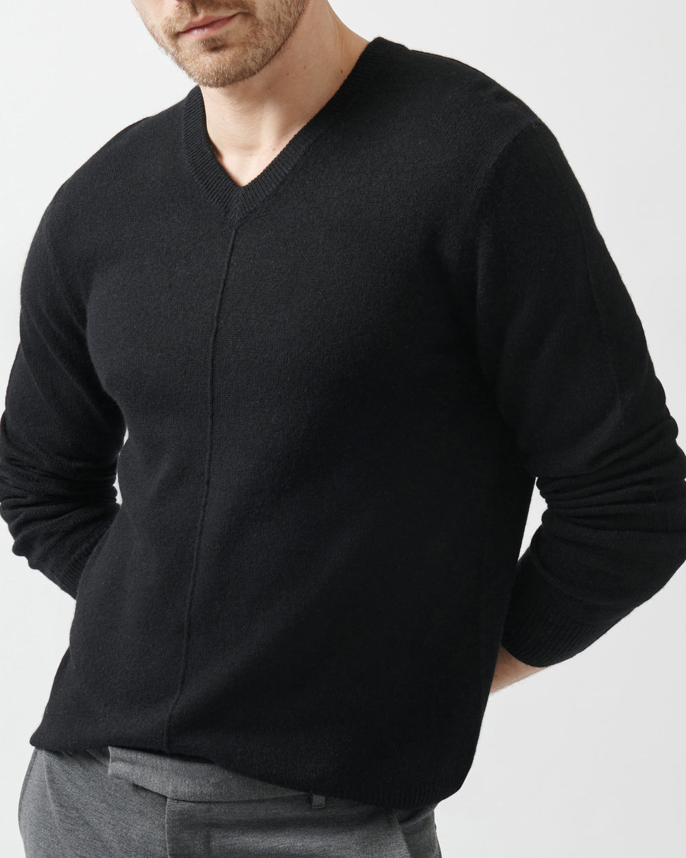Black Recycled Cashmere Exposed Seam V-Neck Sweater | Men's Sweater by ATM Anthony Thomas Melillo
