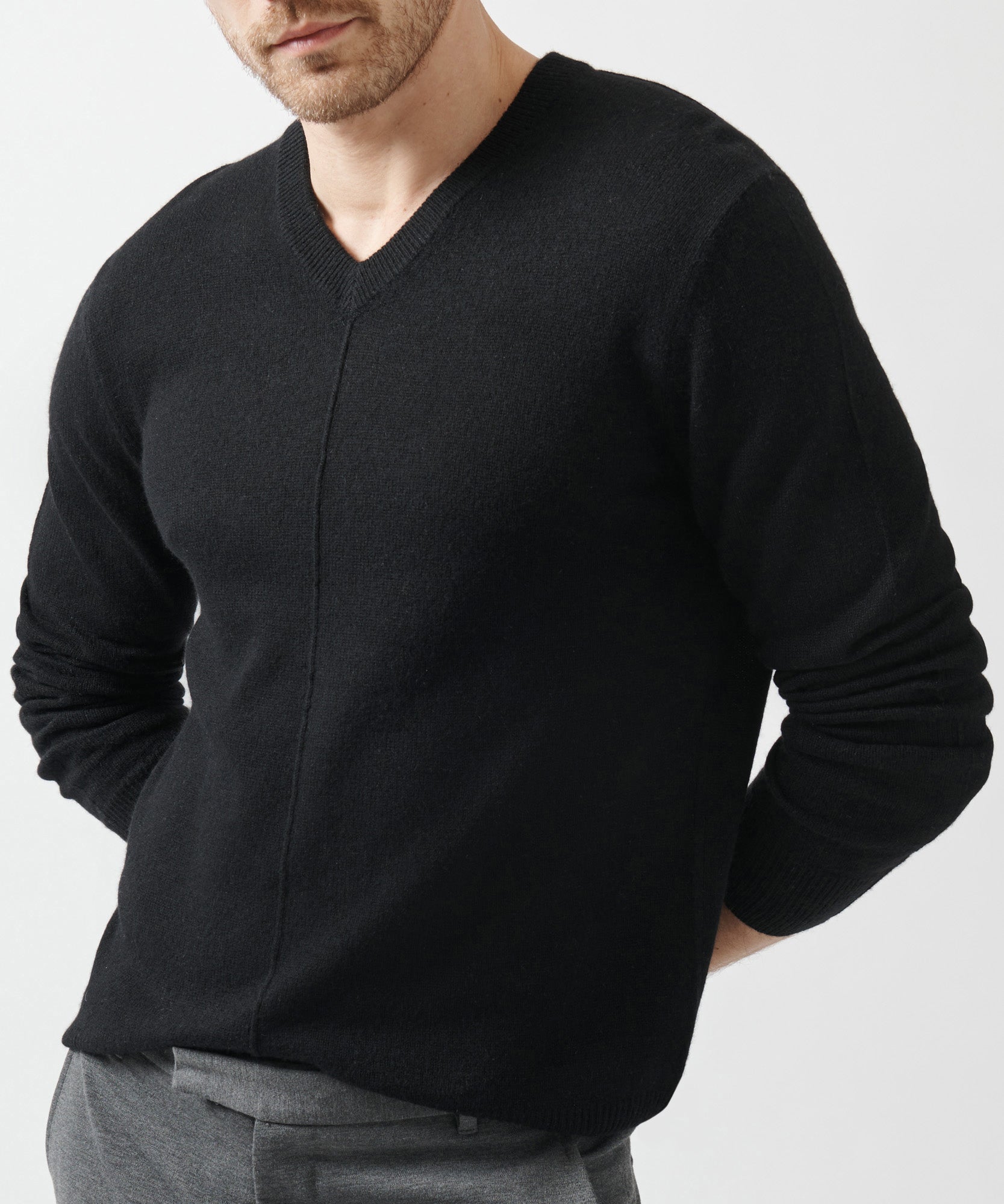 Black Recycled Cashmere Exposed Seam V-Neck Sweater | Men's Sweater by ATM Anthony Thomas Melillo