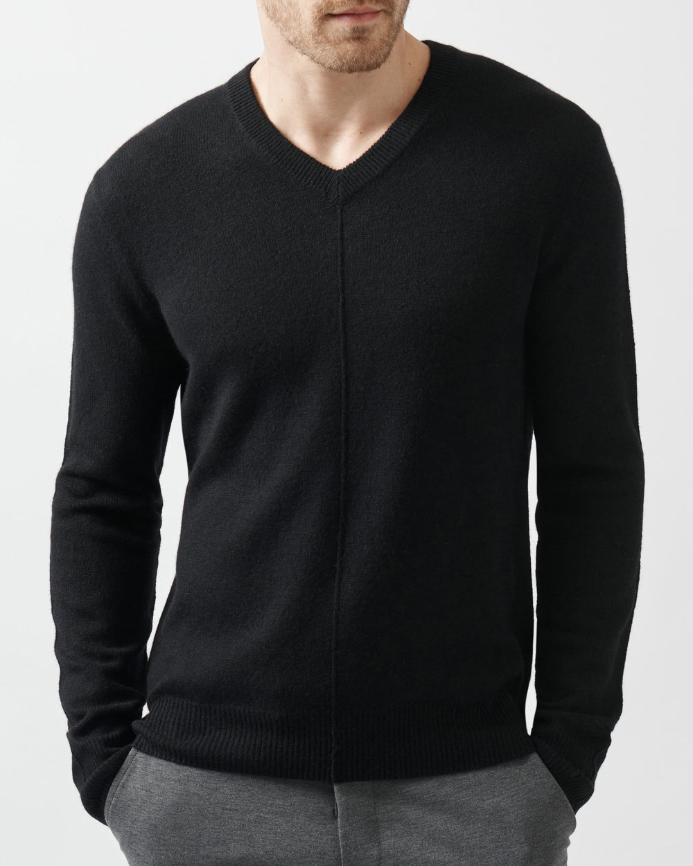 Black Recycled Cashmere Exposed Seam V-Neck Sweater | Men's Sweater by ATM Anthony Thomas Melillo