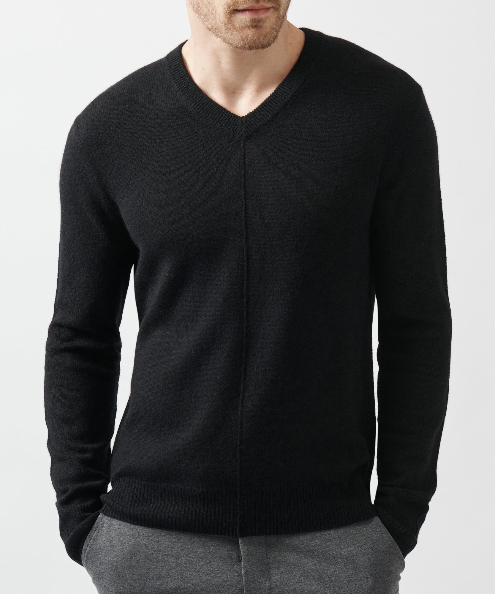 Black Recycled Cashmere Exposed Seam V-Neck Sweater | Men's Sweater by ATM Anthony Thomas Melillo