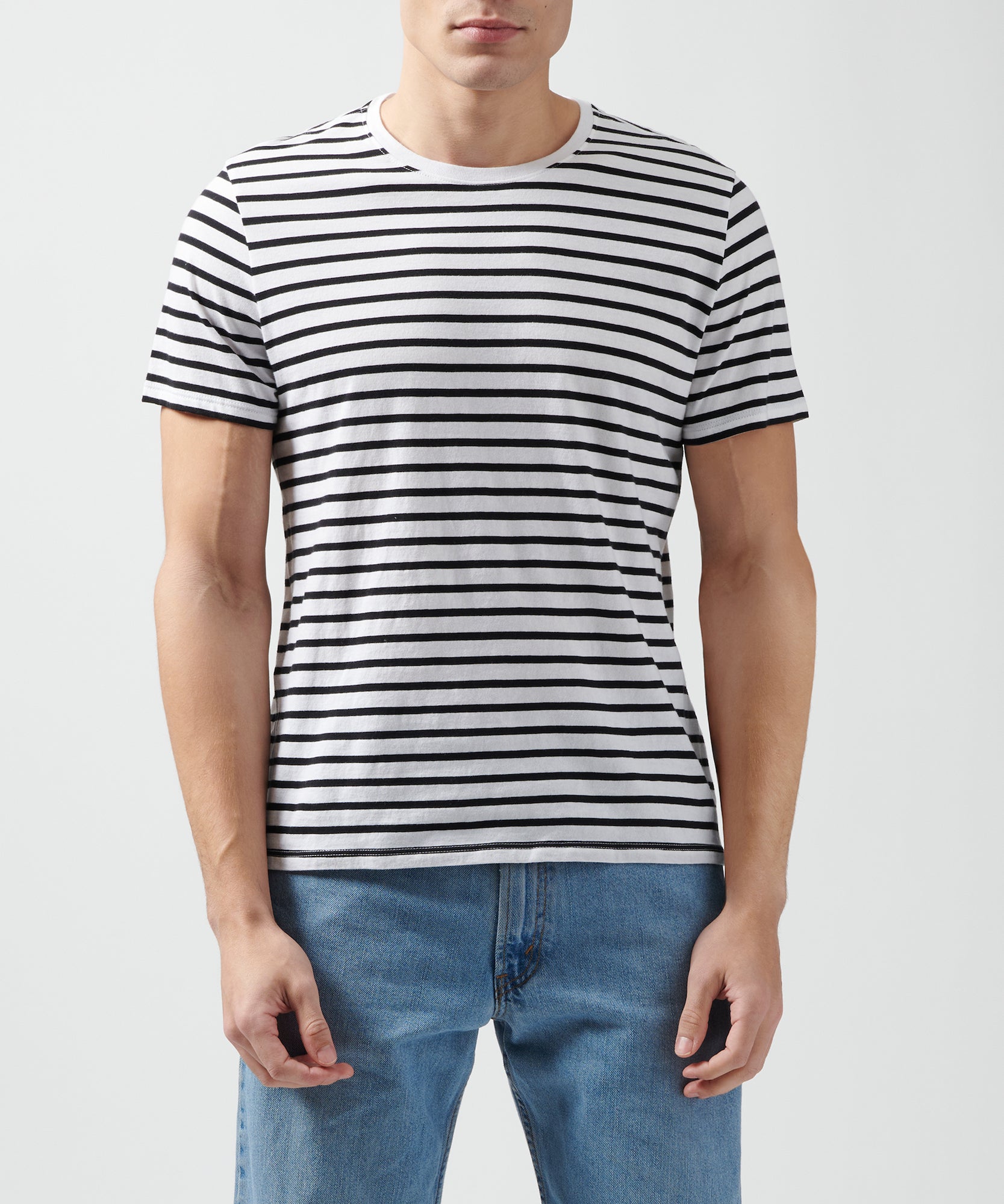 Black and White Classic Jersey Striped Crew Neck Tee - Men's Luxury Tee by ATM Anthony Thomas Melillo