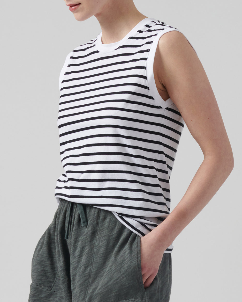 Black White Stripe Classic Jersey Sleeveless Boy Tee | Women's Sleeveless T-Shirt by ATM Anthony Thomas Melillo