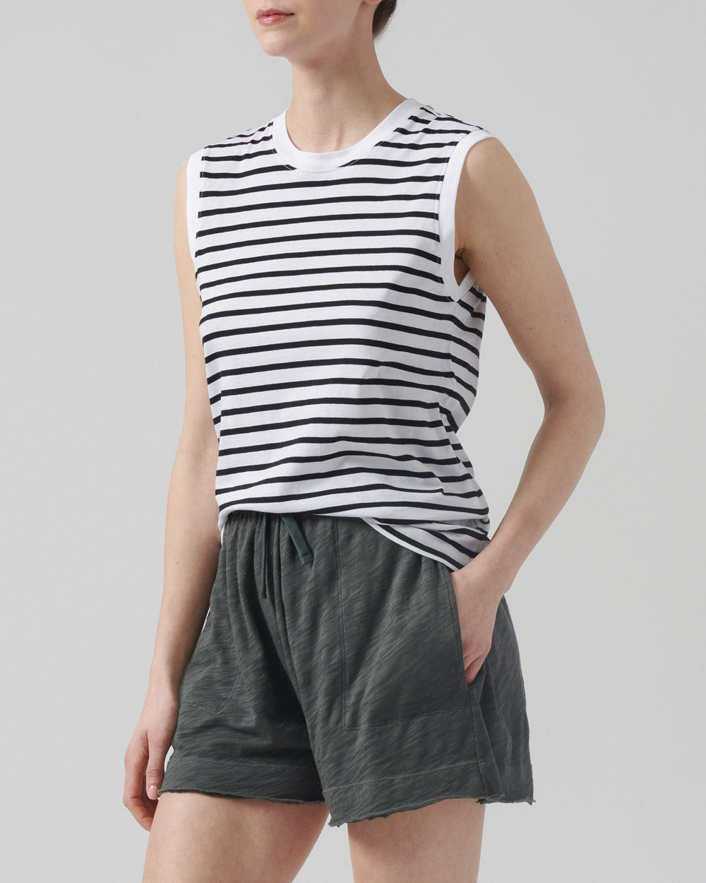 Black White Stripe Classic Jersey Sleeveless Boy Tee | Women's Sleeveless T-Shirt by ATM Anthony Thomas Melillo