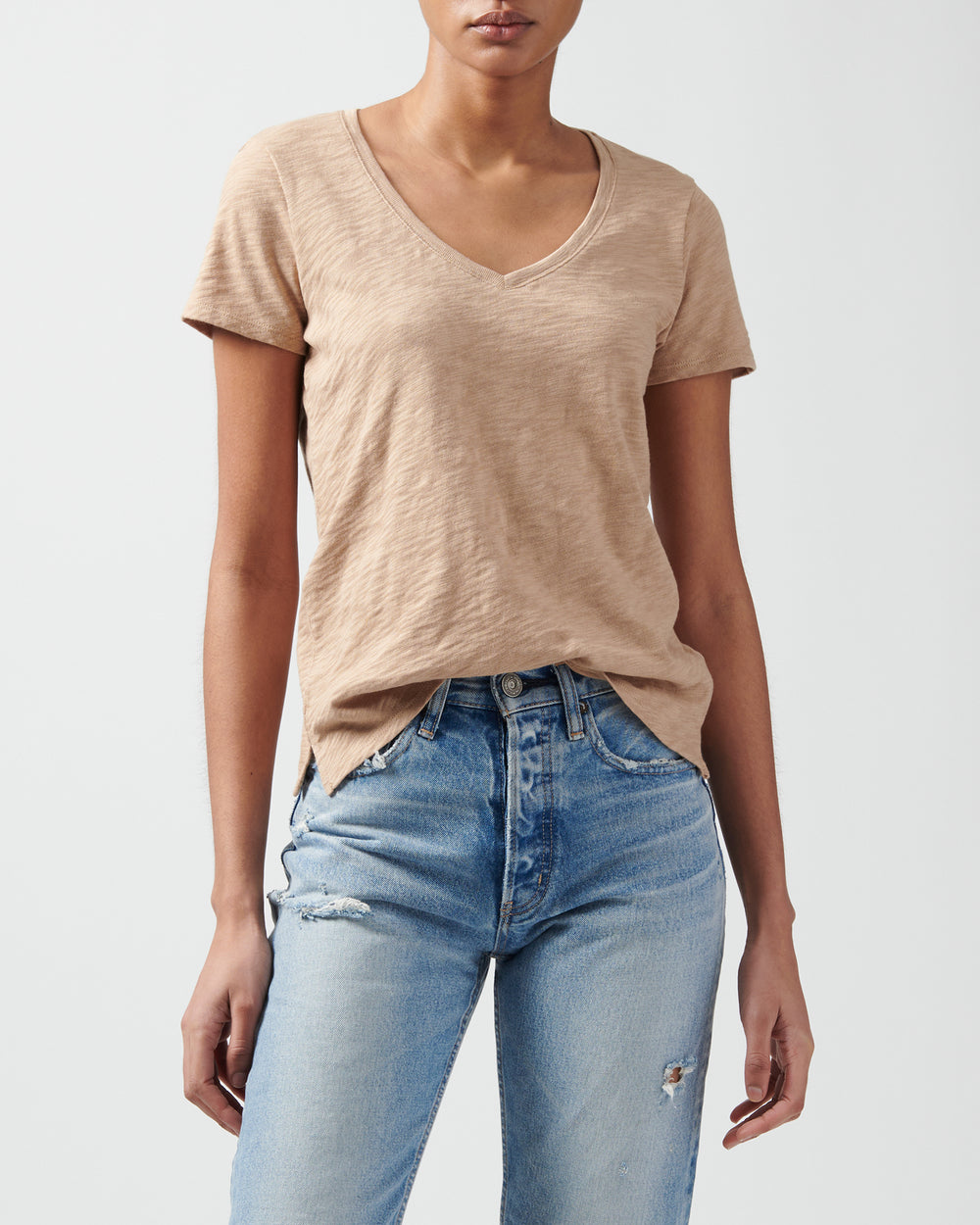 Camel Slub Jersey Schoolboy V-Neck Tee | Women's Cotton Short Sleeve Tee by ATM Anthony Thomas Melillo