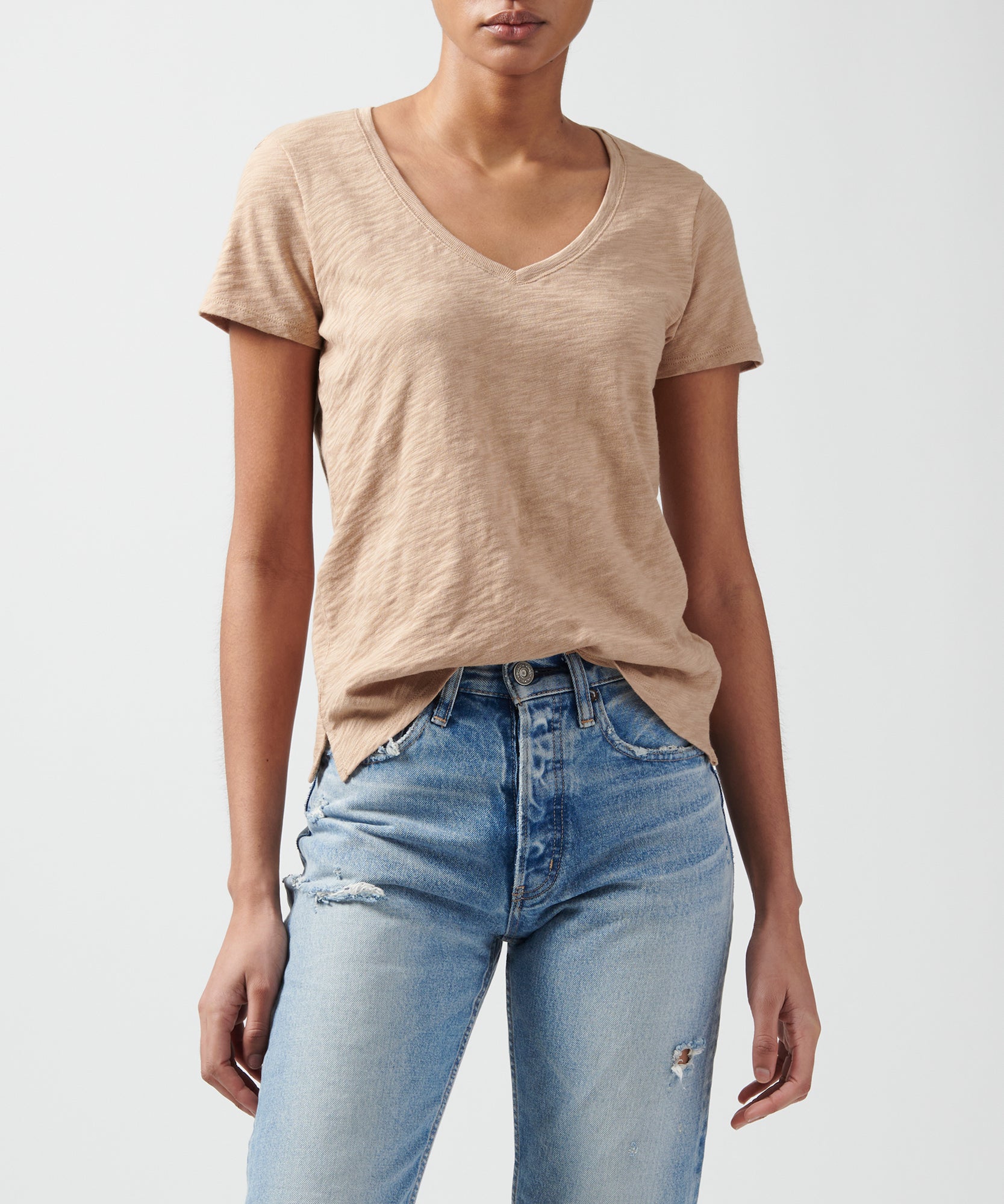Camel Slub Jersey Schoolboy V-Neck Tee | Women's Cotton Short Sleeve Tee by ATM Anthony Thomas Melillo