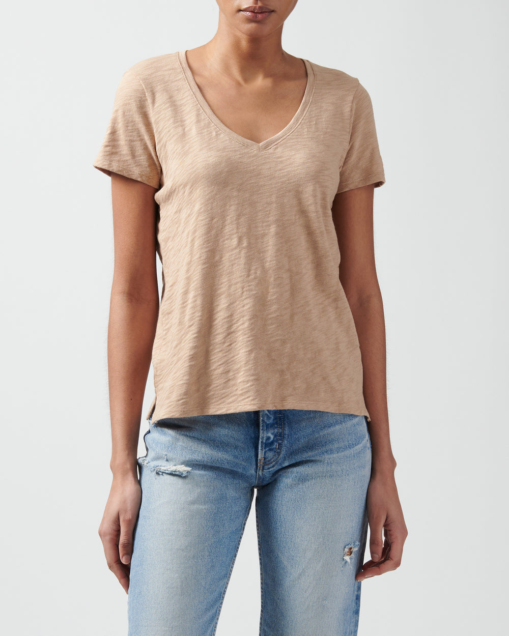 Camel Slub Jersey Schoolboy V-Neck Tee | Women's Cotton Short Sleeve Tee by ATM Anthony Thomas Melillo