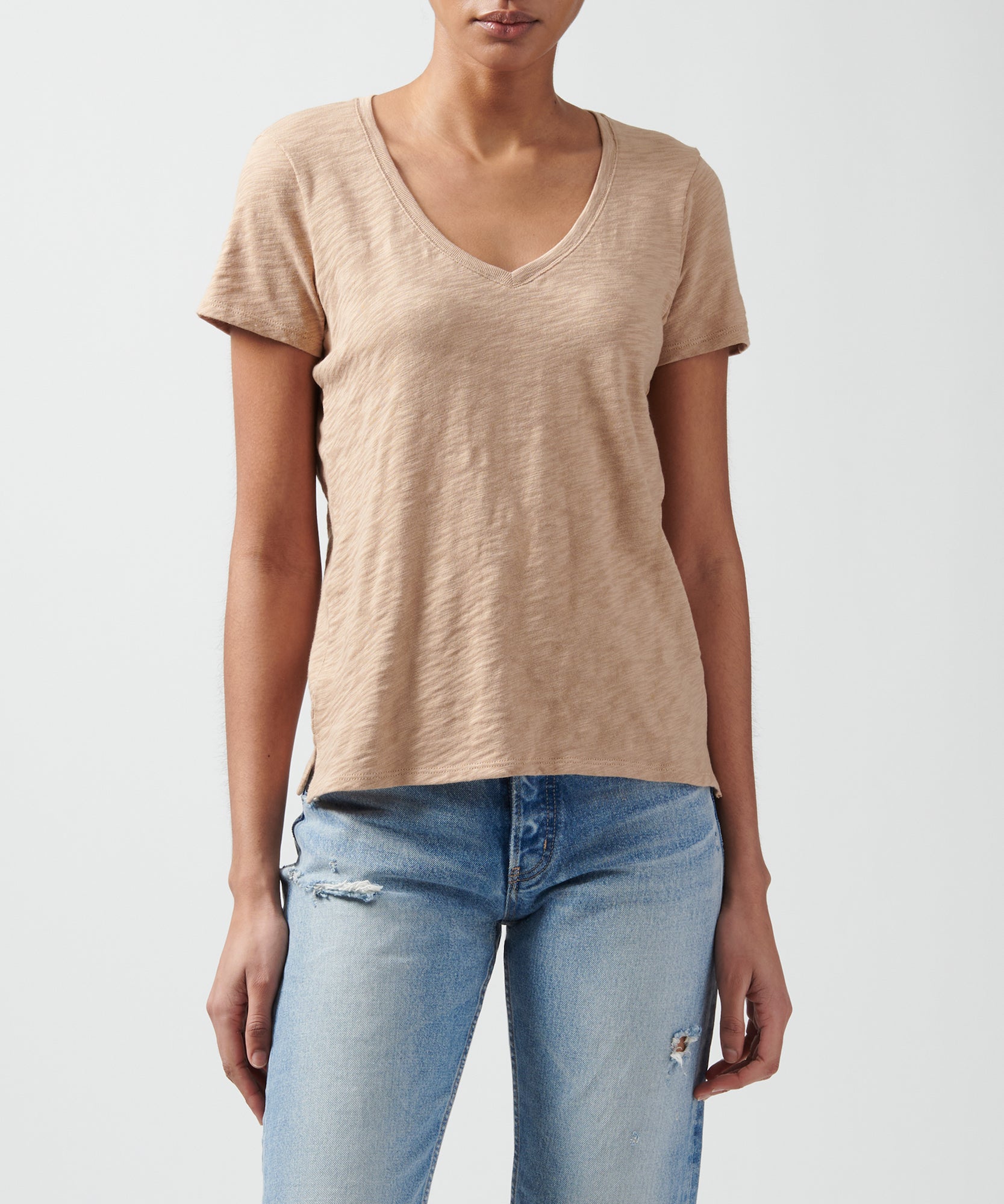 Camel Slub Jersey Schoolboy V-Neck Tee | Women's Cotton Short Sleeve Tee by ATM Anthony Thomas Melillo