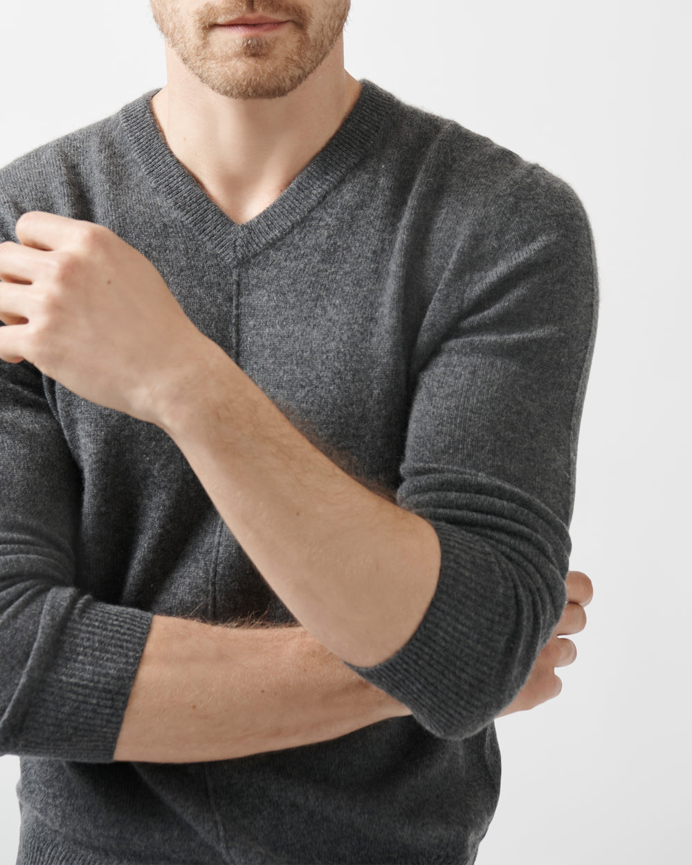Heather Charcoal Recycled Cashmere Exposed Seam V-Neck Sweater | Men's Sweater by ATM Anthony Thomas Melillo