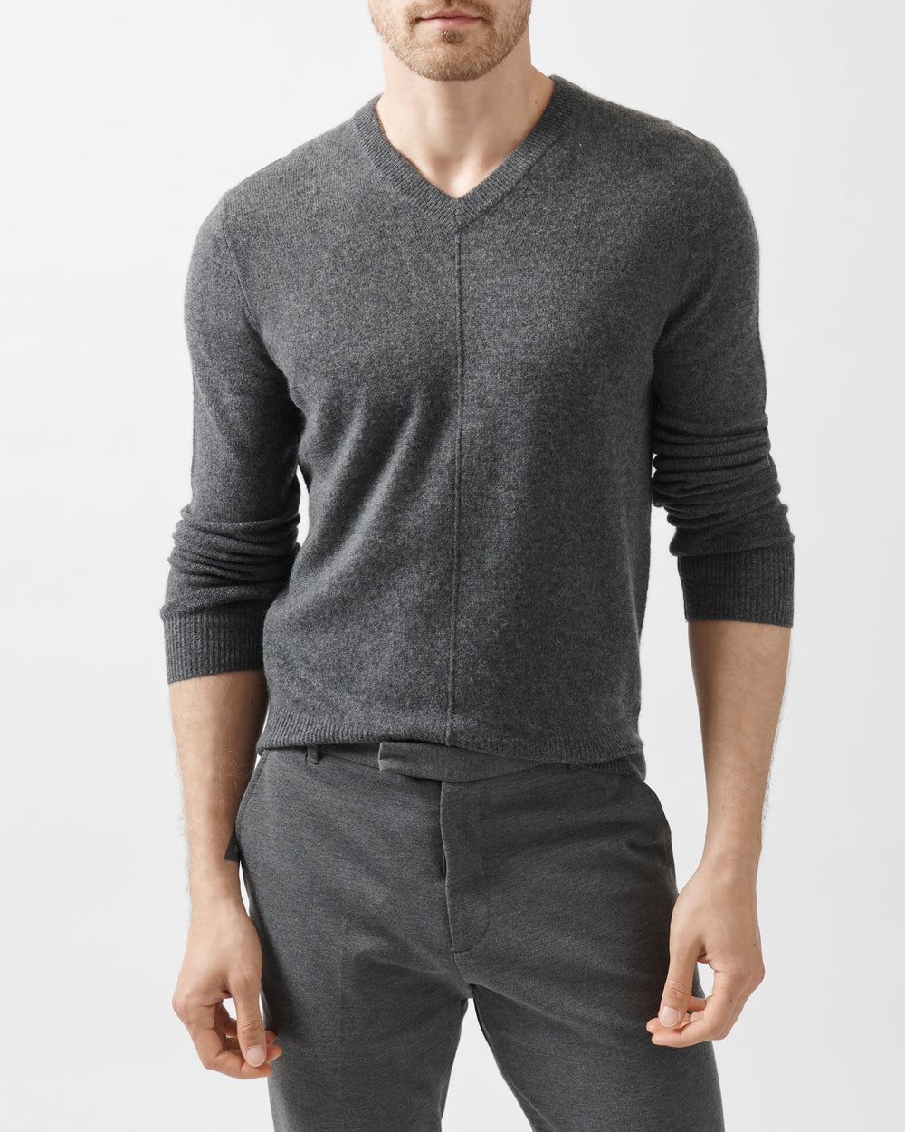 Heather Charcoal Recycled Cashmere Exposed Seam V-Neck Sweater | Men's Sweater by ATM Anthony Thomas Melillo