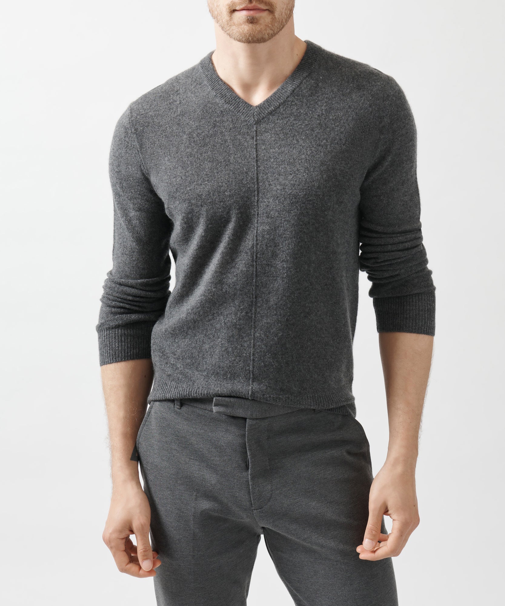 Heather Charcoal Recycled Cashmere Exposed Seam V-Neck Sweater | Men's Sweater by ATM Anthony Thomas Melillo