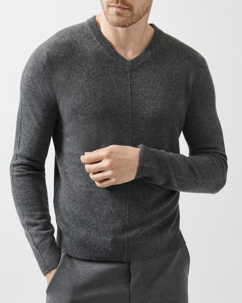 Heather Charcoal Recycled Cashmere Exposed Seam V-Neck Sweater | Men's Sweater by ATM Anthony Thomas Melillo