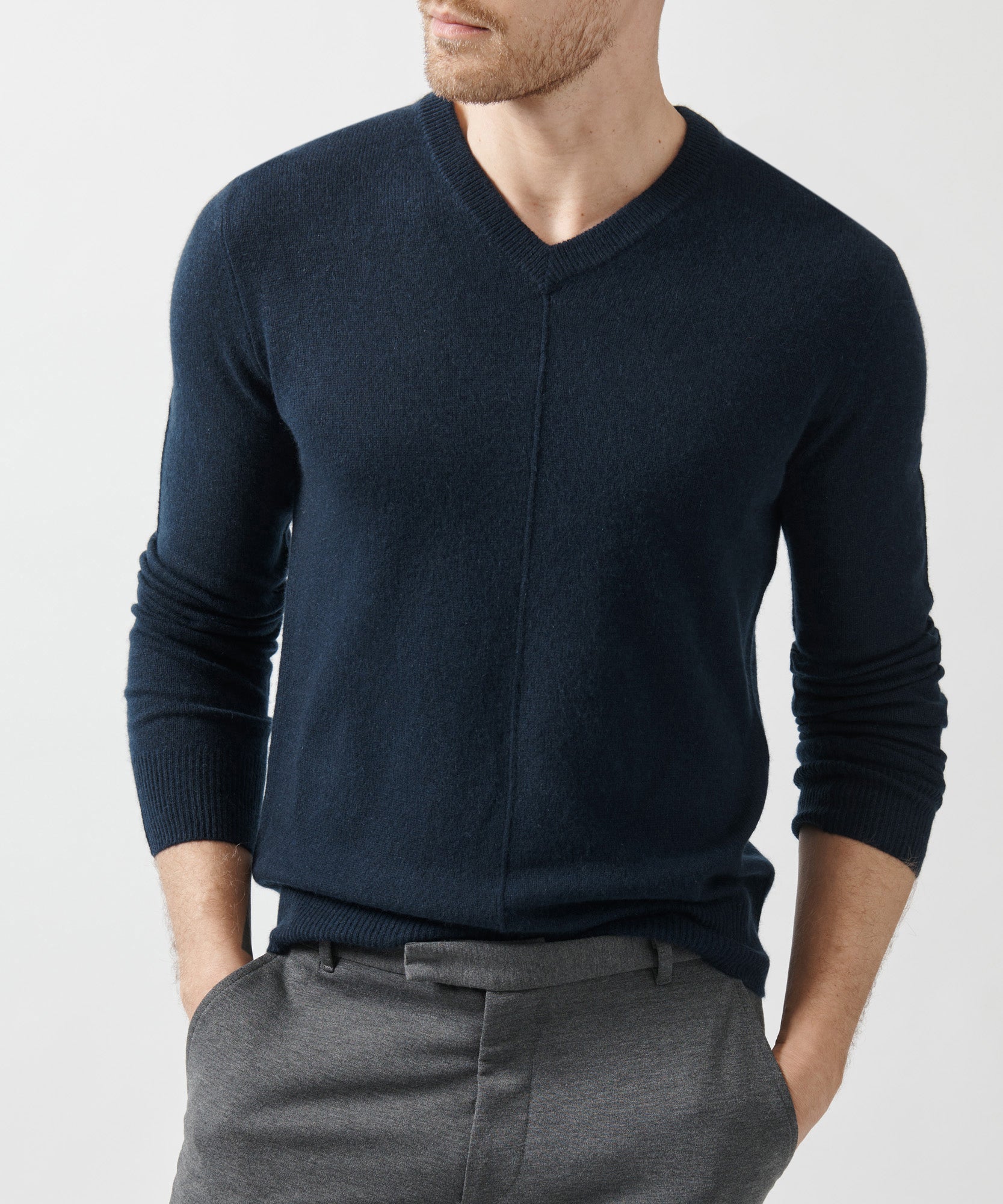 Midnight Recycled Cashmere Exposed Seam V-Neck Sweater | Men's Sweater by ATM Anthony Thomas Melillo