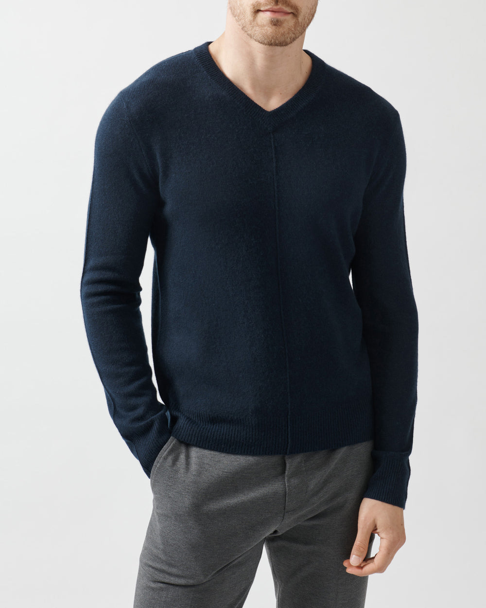 Midnight Recycled Cashmere Exposed Seam V-Neck Sweater | Men's Sweater by ATM Anthony Thomas Melillo