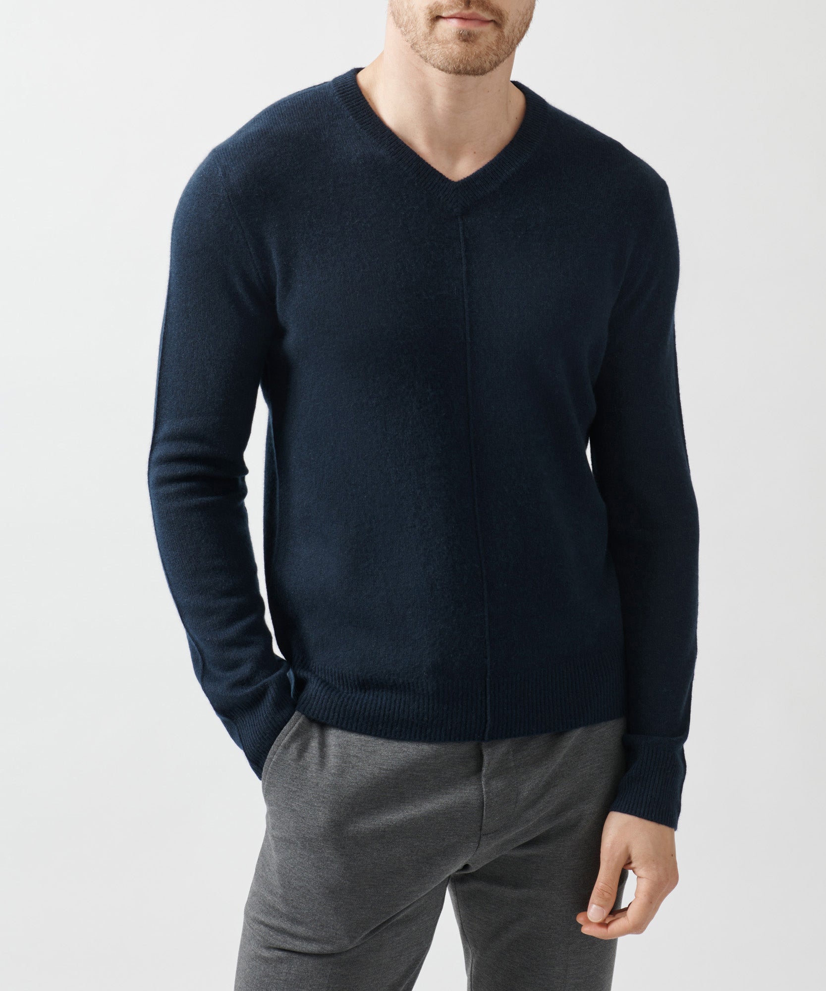 Midnight Recycled Cashmere Exposed Seam V-Neck Sweater | Men's Sweater by ATM Anthony Thomas Melillo