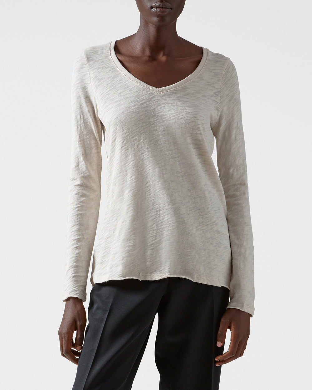 Tan Slub Jersey Long Sleeve V-Neck Tee - Women's Cotton Long Sleeve Tee by ATM Anthony Thomas Melillo