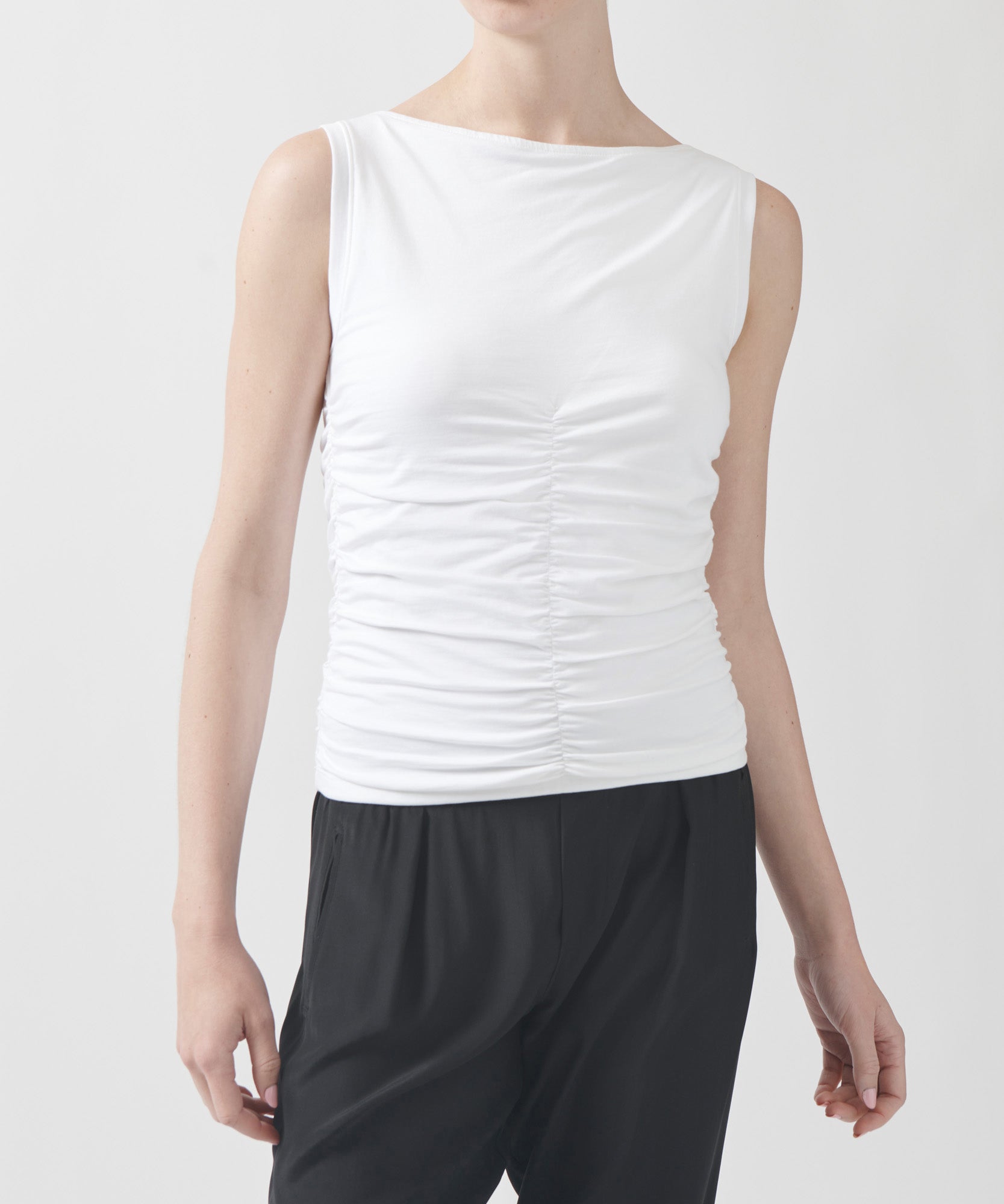 Pima Cotton Sleeveless Boatneck Ruched Top - White